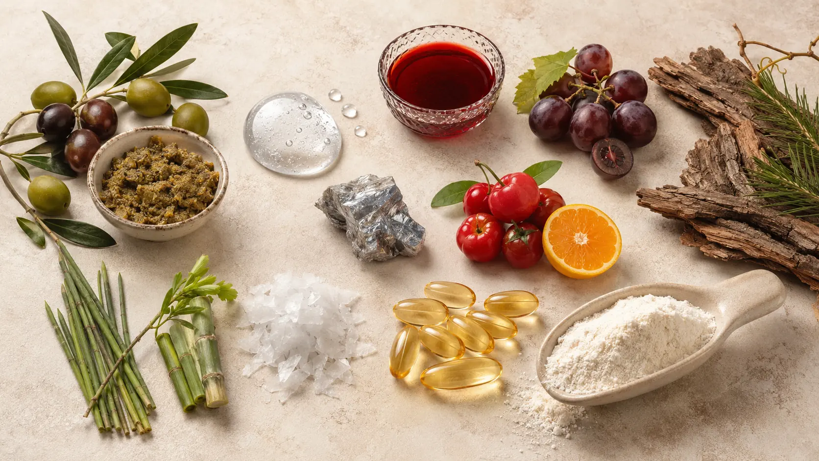 Composição botânica com oliva, uva, pinho marítimo, fontes de vitamina C, minerais, ômega 3 e colágeno